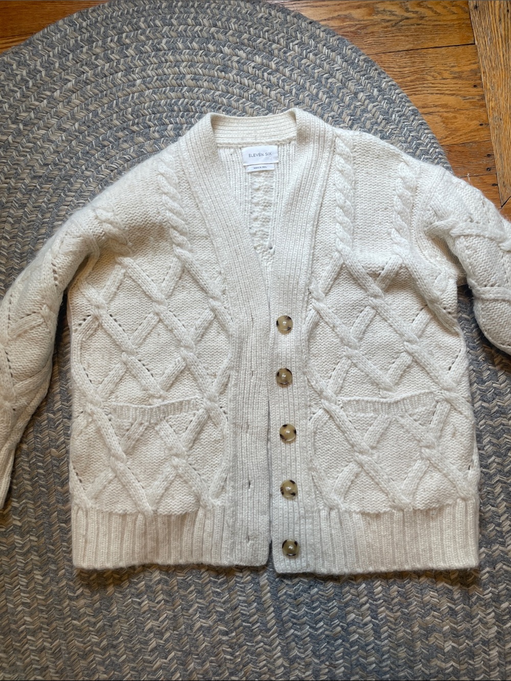 Eleven Six Cream Cable Knit Wool Cardigan Sweater - One Size